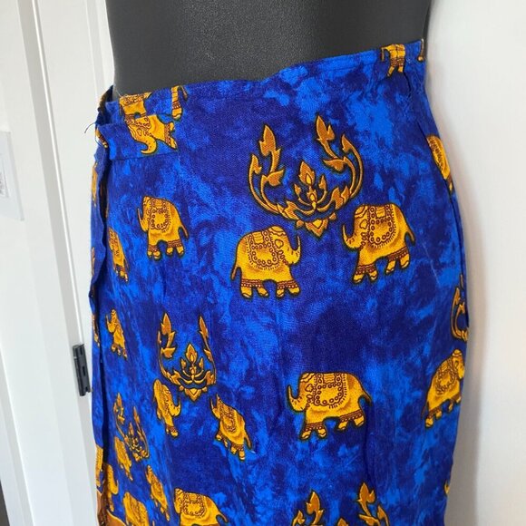 Elephant Print Made in Thailand Blue & Gold Wrap Skirt Midi Skirt Size O/S Large - Picture 6 of 13